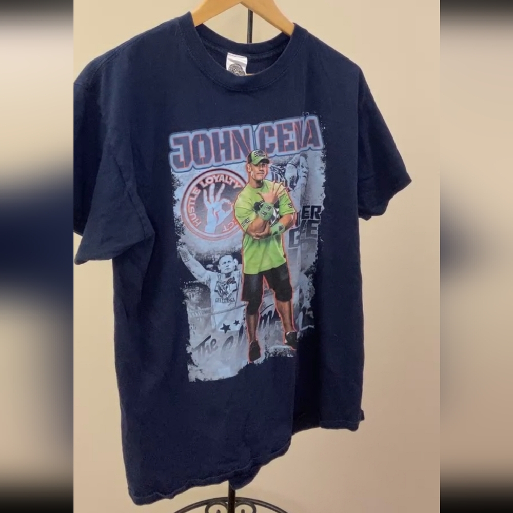 WWE John Cena Hustle Loyalty Respect Graphic T-Shirt Navy Blue Mens Large‎